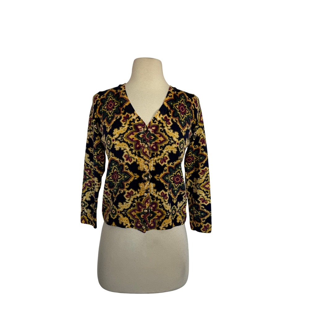 Talbots Womens Multicolor Paisley Medallion V-Neck Button Front Cardigan Sweater